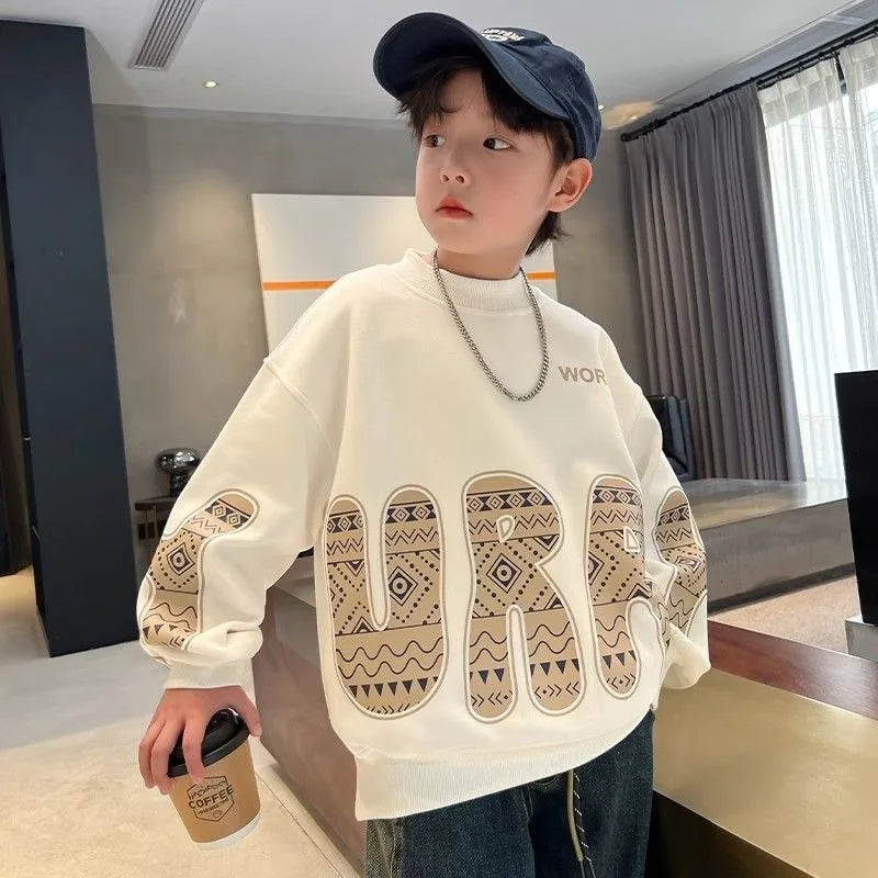 Boys' Medium-Large 2025 New Spring/Autumn Trendy No Hood Layering Top Sweatshirt