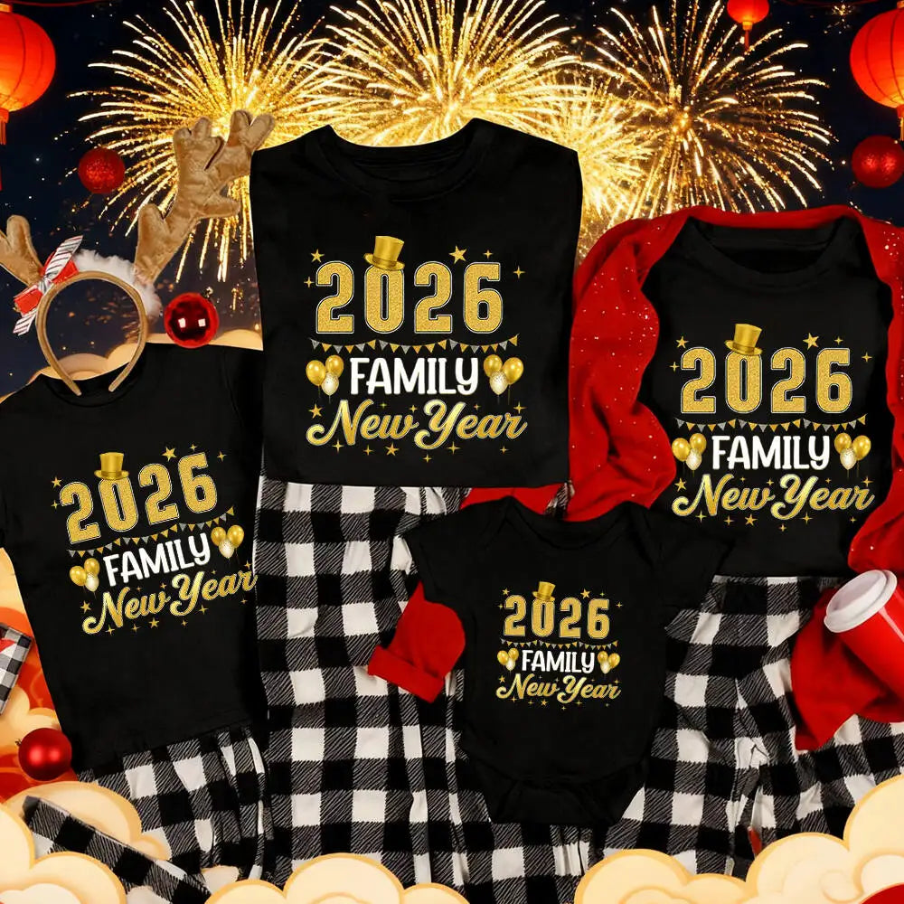 Happy New Year 2026 Family Matching Outfits New Year Party Dad Mom and Kids T Shirt Baby Romper Family Look New Year's Clothing