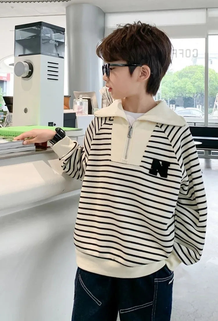 Boys' Medium-Large 2025 Spring/Autumn Korean Style Large Collar Black & White Striped No Hood Sweatshirt