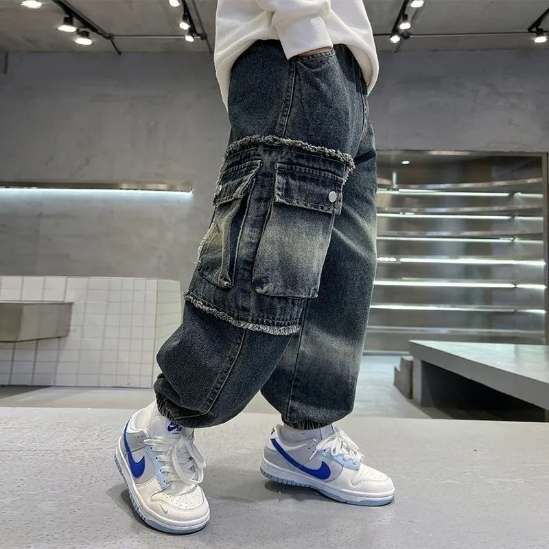 2025 Boys' Cargo Pants All-Season Washed Tie-Dye Denim Long Pants Trendy Casual Style