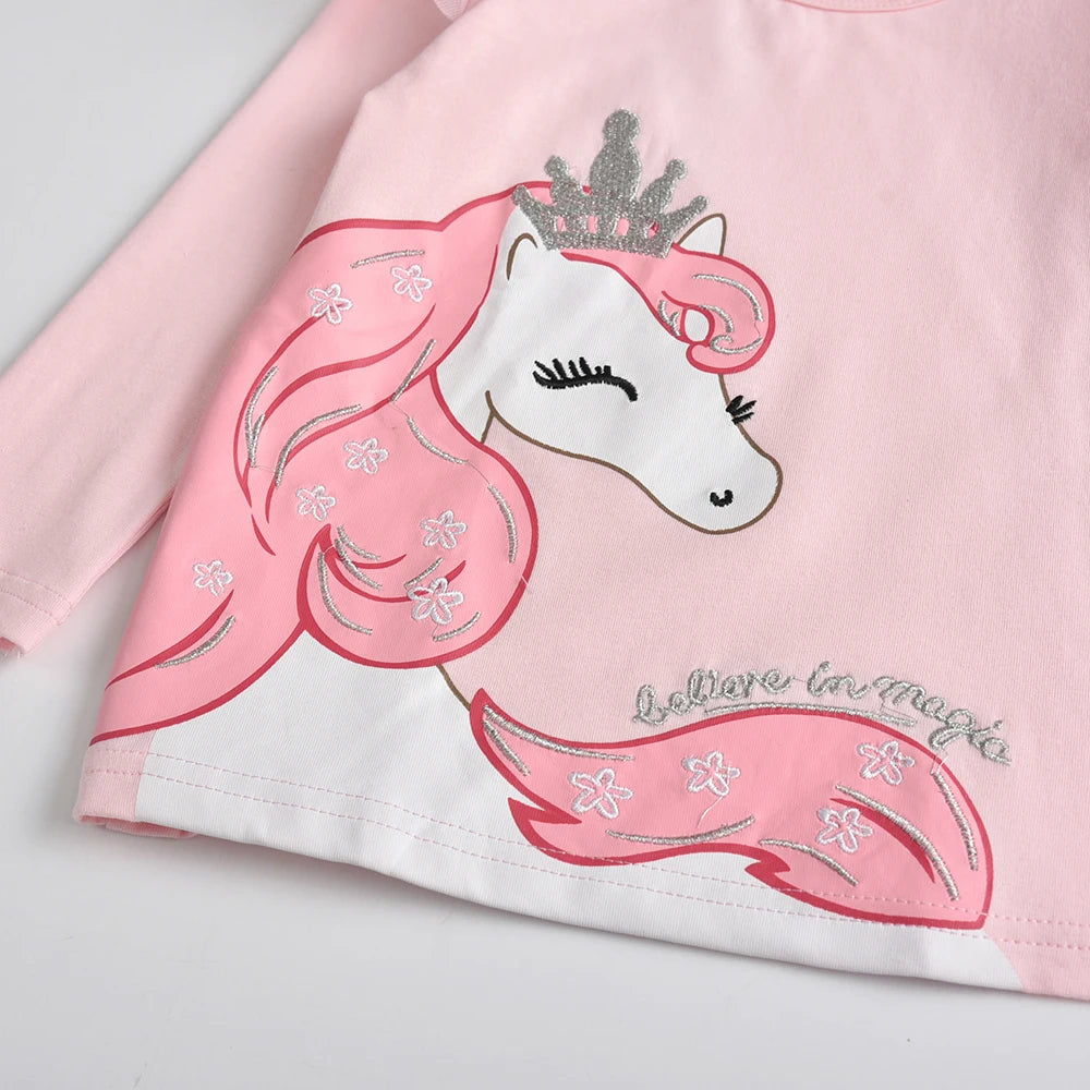 VIKITA Girls Pink T Shirt Kids Unicorn Cartoon Print Tops and Tees Girls Autumn Spring Winter Flare Sleeve Cotton Casual T Shirt