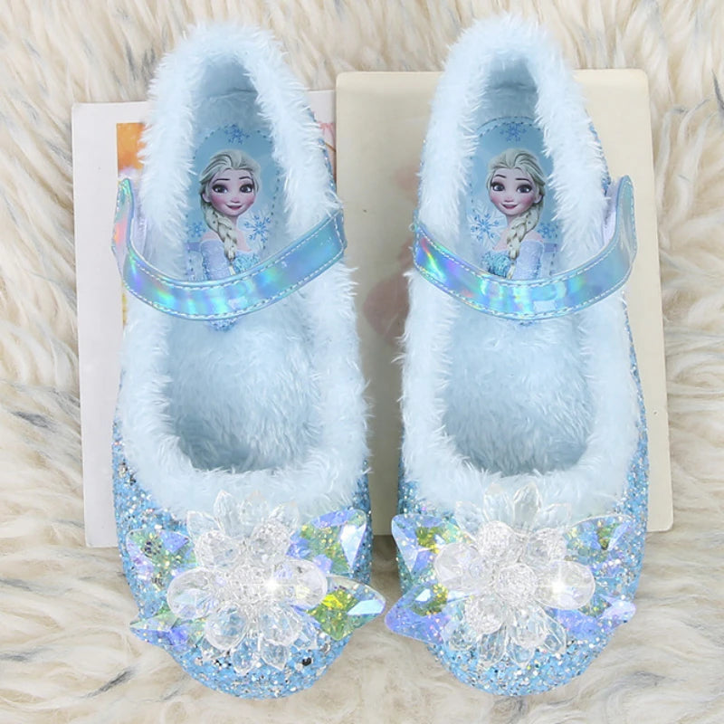 Disney Girls' Plush Slippers Frozen Cute Children's Princess Elsa Winter Cotton Slippers Baby Snow Home Pink Blue Shoes Size 23
