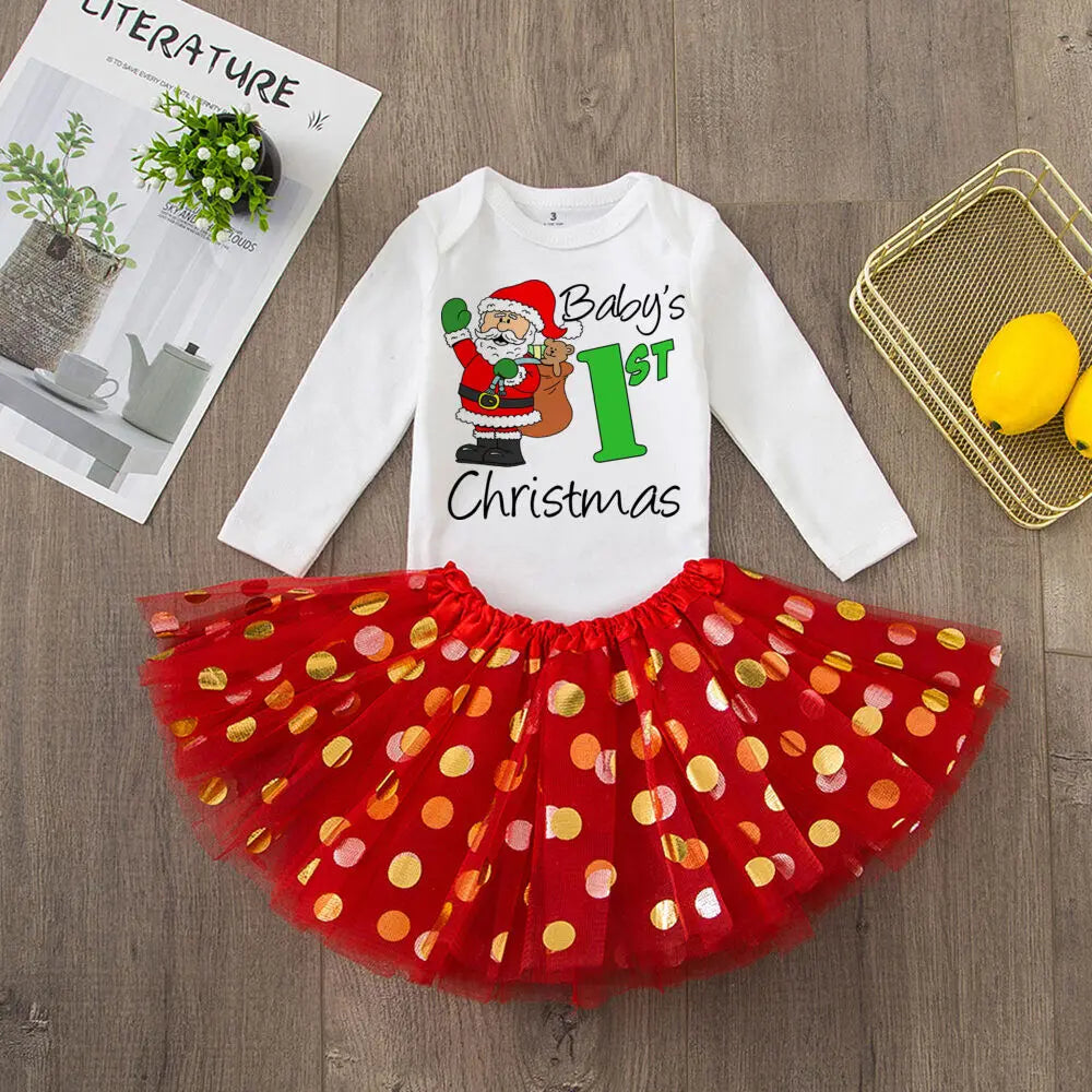 My 1St Christmas Baby Bodysuit Cake Dresses Set Infant Girls Long Sleeve Playsuit Tutu Skirts Clothes Toddler Xmas Party Outfits