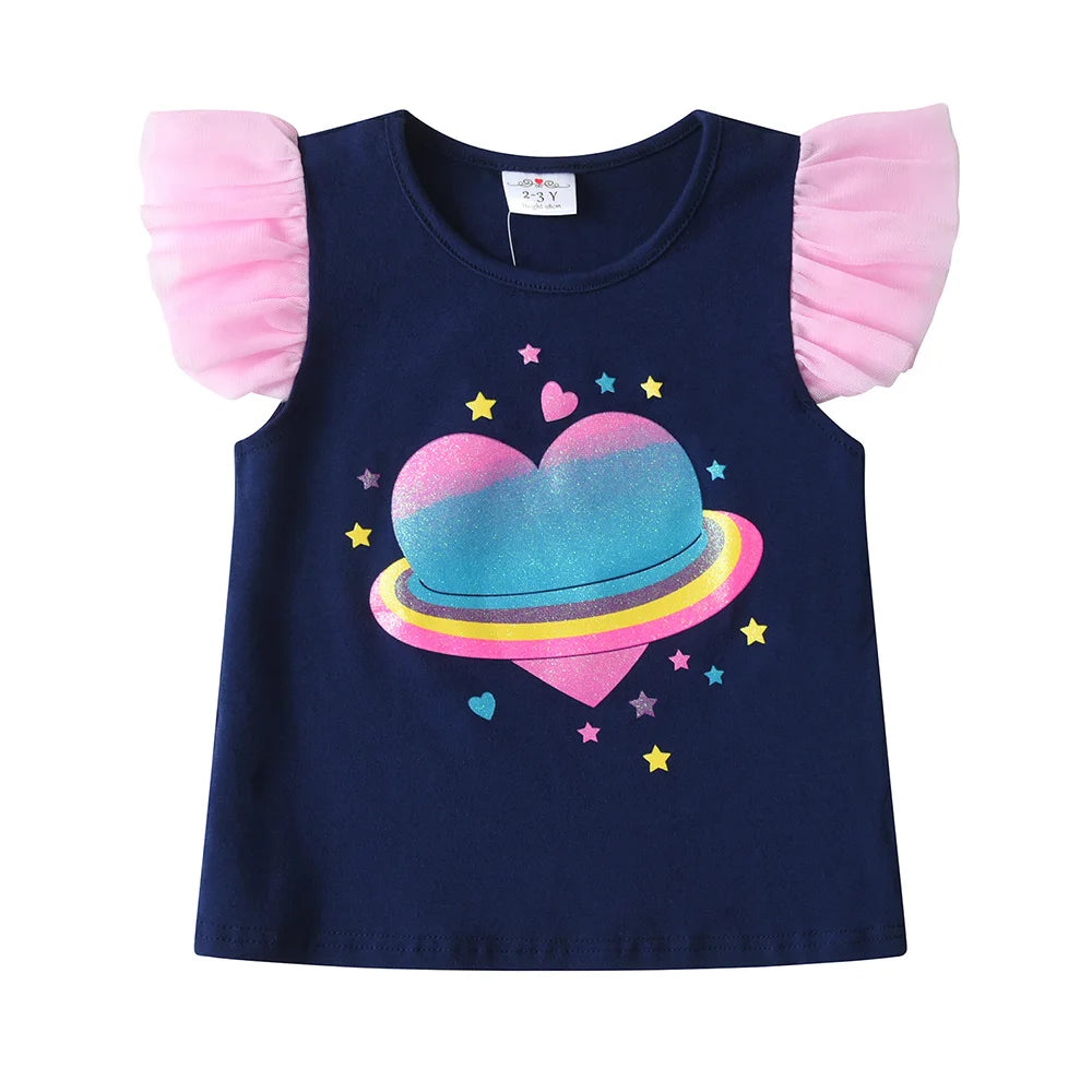 VIKITA Girls Summer Clothing Sets Kids Flare Sleeve Heart Cotton Tops Tees and Rainbow Mesh Tulle Skirts 2 Pcs Children Clothes