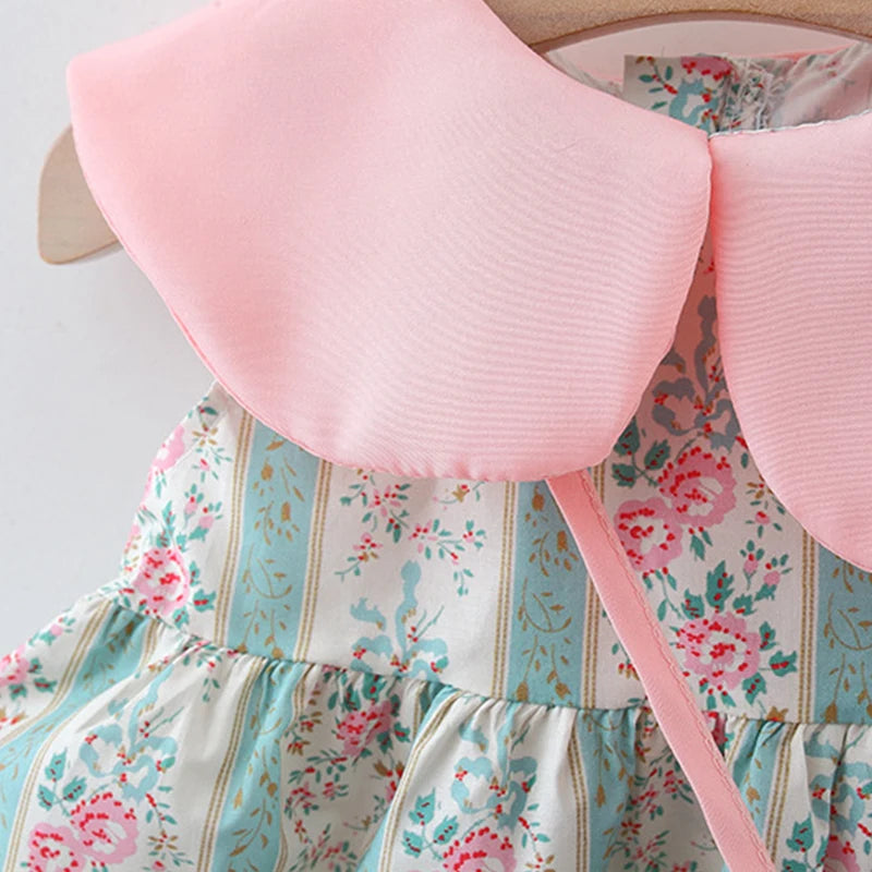 Summer New Pink Doll Neck Baby Girl Dress, Sweet Floral Children'S Sleeveless Clothes+Love Bag (9 Months -3 Years Old)