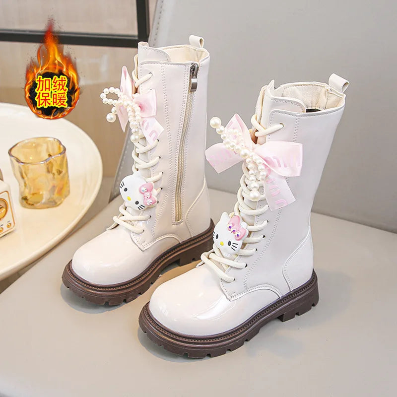 Kids'Casual Shoes Long Boots PU Leather Cartoon Kuromi Winter Shoes For Girls Anti-slip Warm Black Beige Shoes Size 26-37