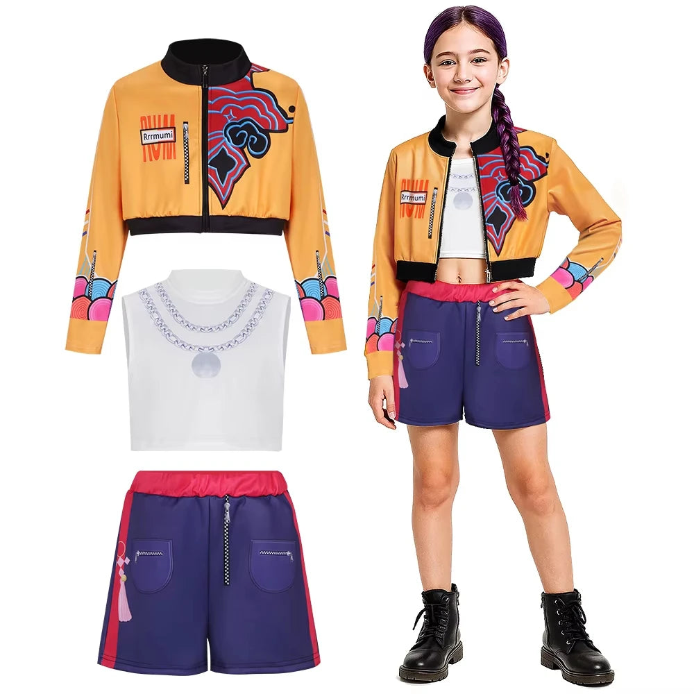 Kids Kpop Demon Hunters Rumi Zoey Mira Cosplay Huntrix Costume For Girls Clothes Group Idol Roleplay Halloween Carnival Suit