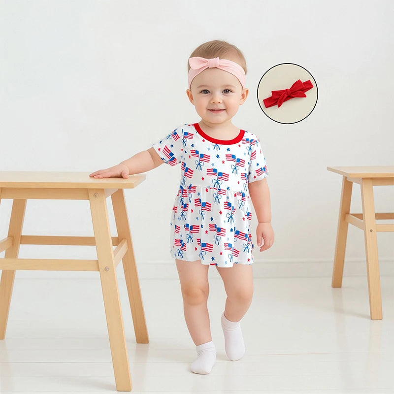 Infant Girls Patriotic Romper Dress with Bow Headband American Flag Print Short Sleeve Summer Outfit Jumpsuit for Independence