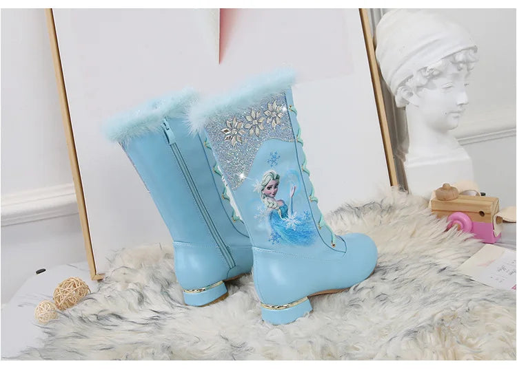 Disney Girls' Leather Boots Winter Cartoon Frozen Boots Side Zipper High Plush Princess Elsa Boots Warm Children's Boots Size 27