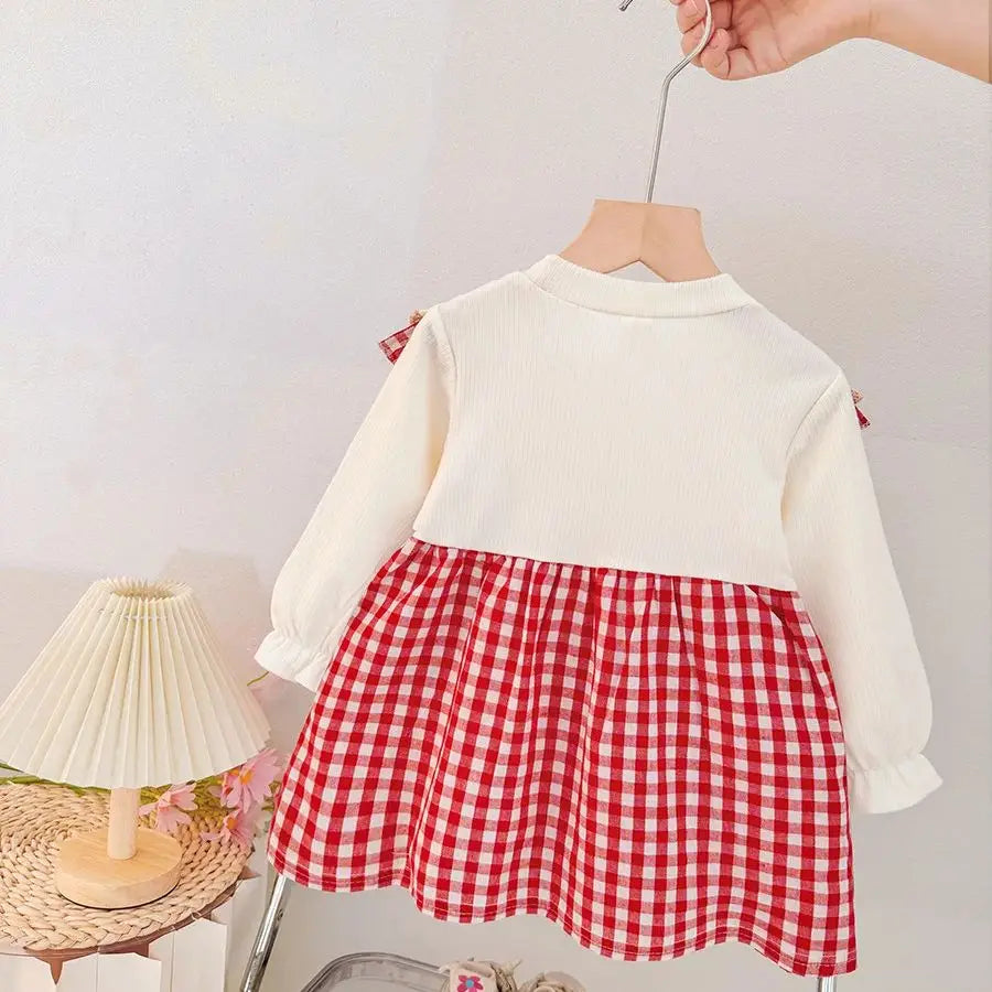 Autumn New Cute Strawberry Collar Baby Girl Dress, Plaid Long Sleeved Children'S Clothing For Babies Aged 6 Months To 3 Years