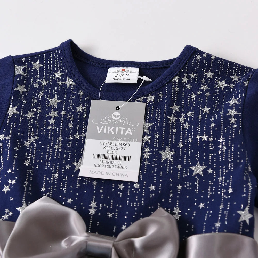 VIKITA Christmas Dress for Girls Sequins Princess Dresses Kids Lace Mesh Ball Gown Elegant Vestidos Girls New Year Blue Dress