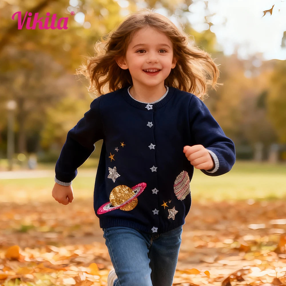 VIKITA Toddlers Navy Blue Gardigan with Sequined Planet Star Appliqued Kids Autumn Spring Fashion Casual Outfits Sweaters 3 Yrs