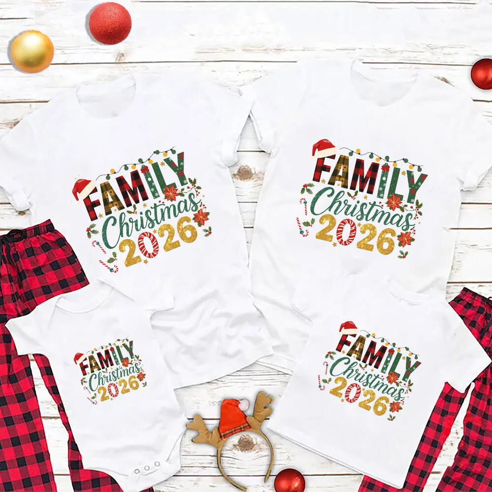 Family Christmas 2026 Printed Matching T-Shirt Family Matching Outfits Mom Dad Kids Shirt Baby Bodysuit Xmas Party Clothes