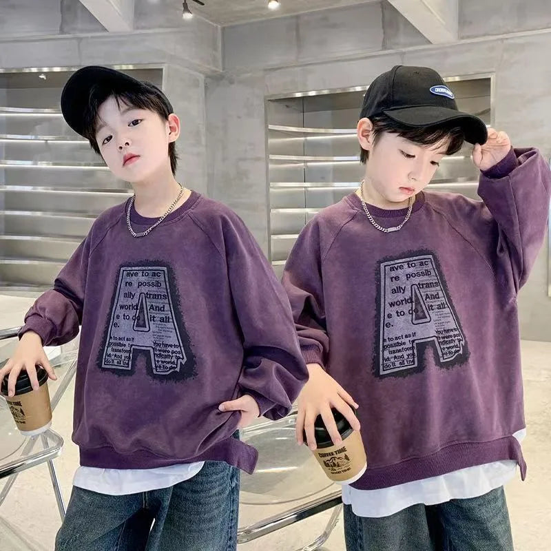 Boys' Medium-Large Spring Stylish Street-Style Letter Print Long Sleeve No Hood Sweatshirt