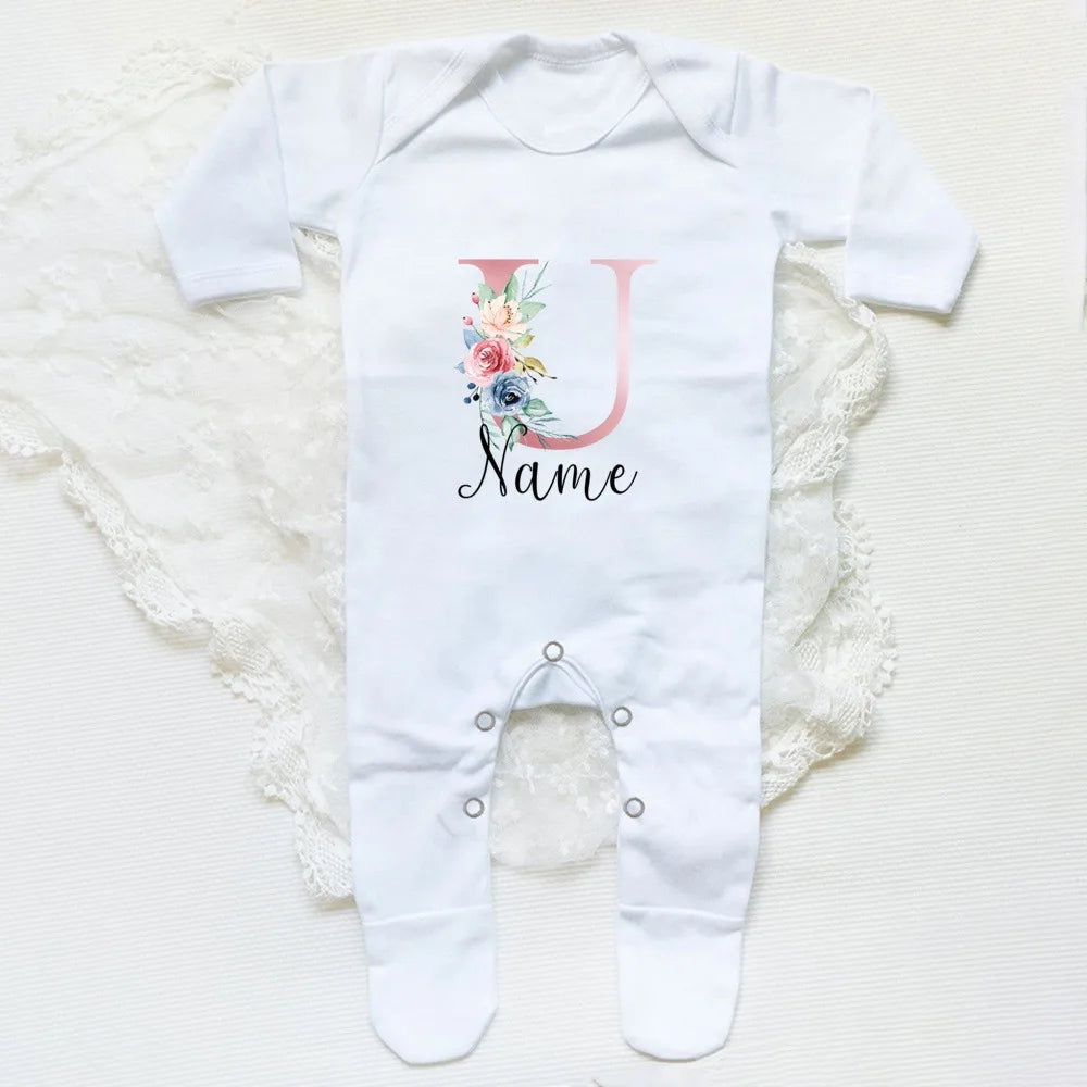 Personalised Babygrow Sleepsuit Flower Initial Infant Romper Baby Coming Home Outfit Newbron Shower Gift Baby Girls Sleepsuit