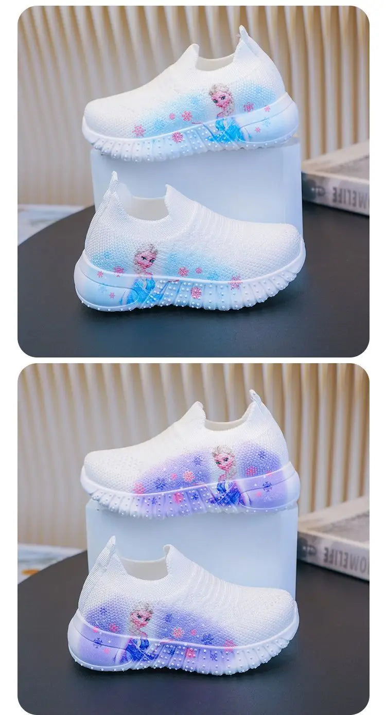 Disney Solid White Fashion Knitting Frozen Princess Elsa Children Casual Shoes Kids' Light Breathable Stretch Socks Sneakers Siz