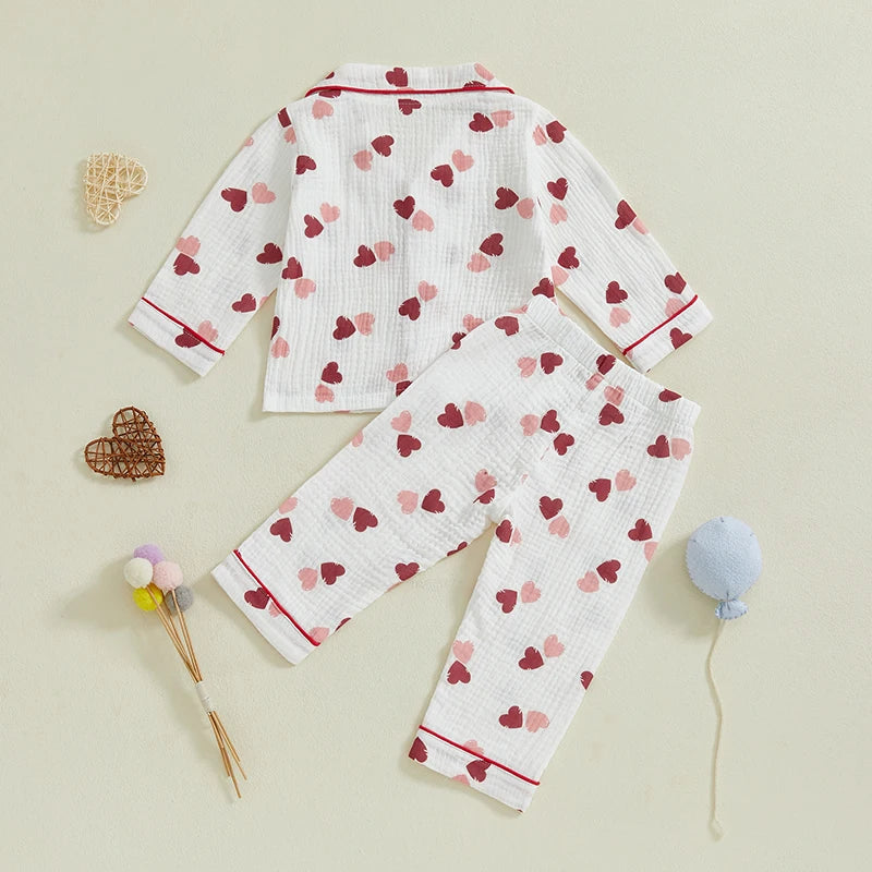Girls Pajama Set Cute Heart Patterned Long Sleeve Top with Cozy Elastic Waist Pants for a Good Night s Sleep