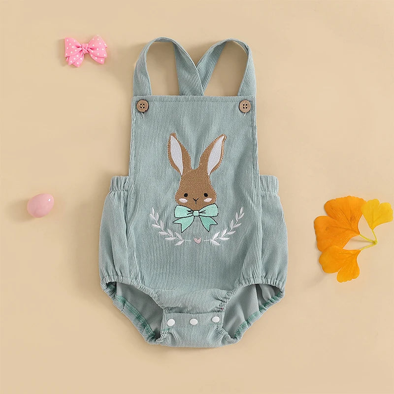 Infant Easter Jumpsuit with Sleeveless Design and Adorable Bunny Embroidery Cute Newborn Overall for Spring Celebrations