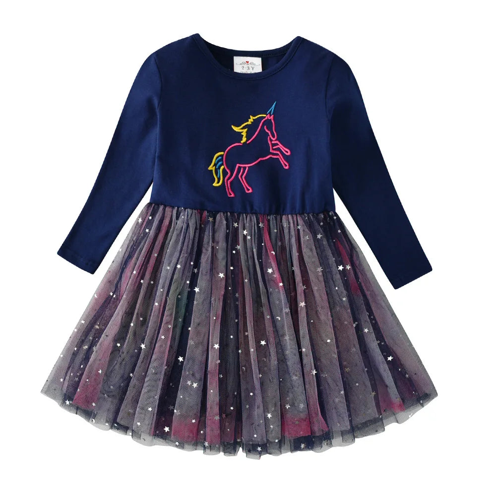 VIKITA Girls Navy Blue Long Sleeve Licorne Embroidery Autumn Spring Fashion Dress Kids Galaxy Starry Tulle Mesh Princess Dress