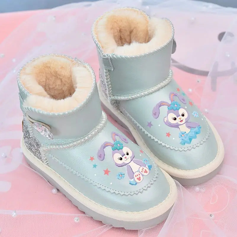 Disney Girls' Snow Boots Genuine Leather StellaLou Cartoon Waterproof Winter Children's Shoes Baby Girls' Thickened Ankle Boots