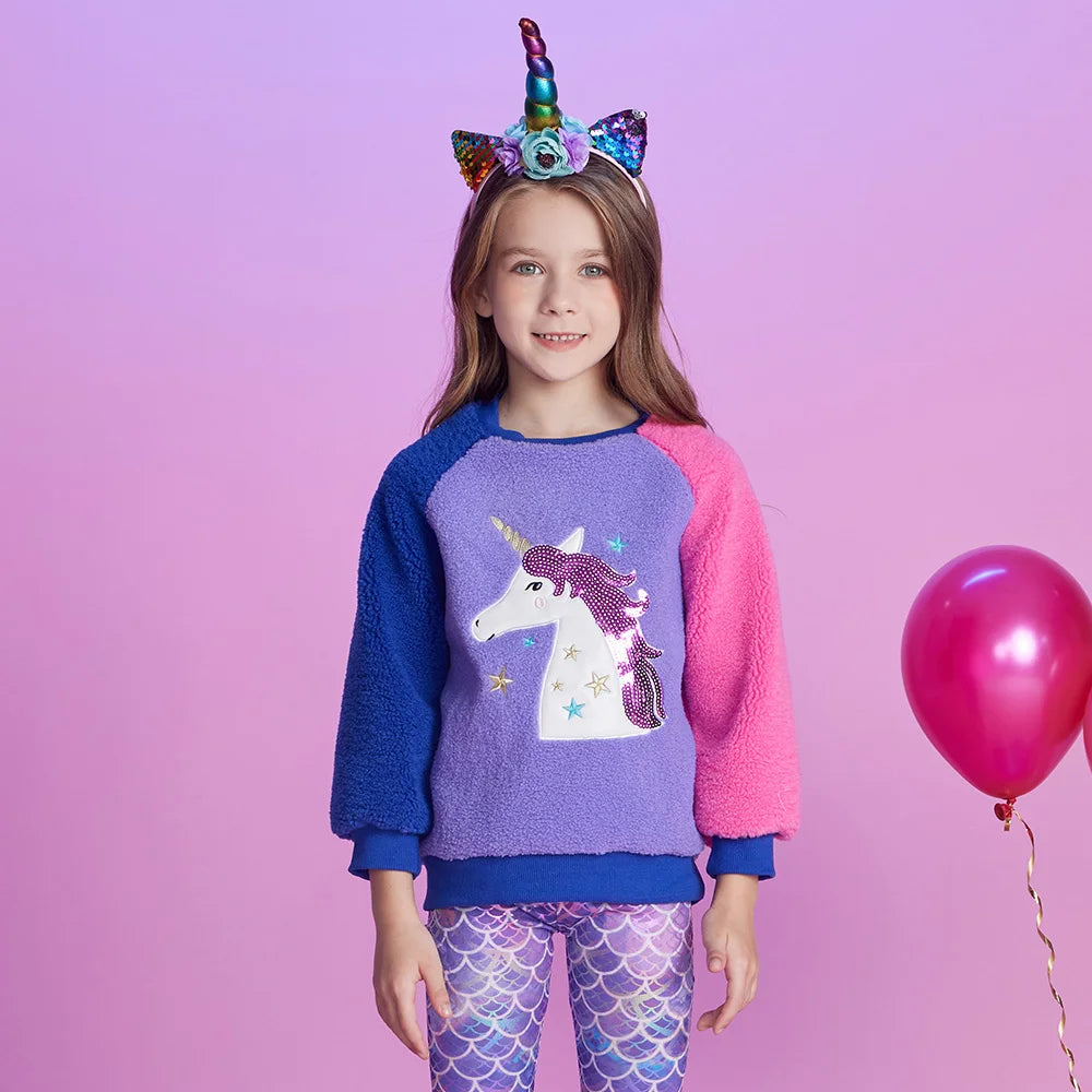 VIKITA Kids Fleece Thick Sweatshirt Girls Unicorn Sequined Cartoon Pullover Outerwear Kids Autumn Winter Warm Sports Sweatshirts