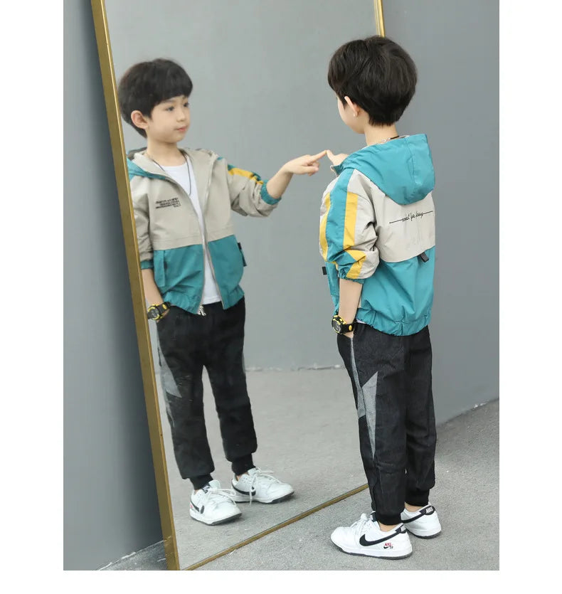 New Handsome Teenager Boys Hoodies Fashion Splicing Style Coat For Kids 3-12 Years Children Windbreaker Jacket