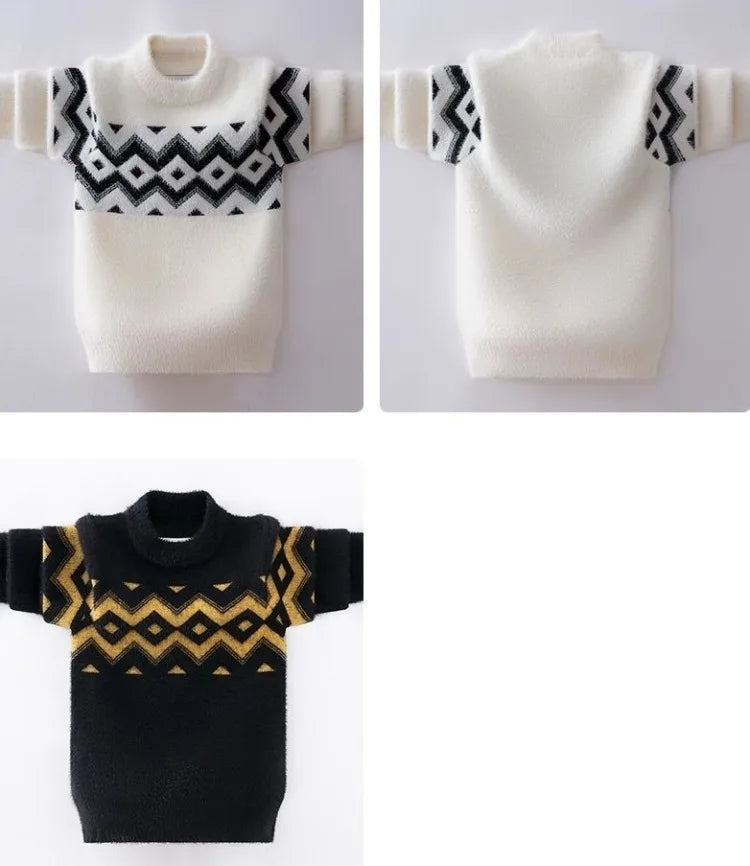 Heavyweight Mink Velvet Boys' Pullover Sweater Autumn Winter Base Layer Thickened Knit Sweater for Kids Ages 3-14 Toddler Youth