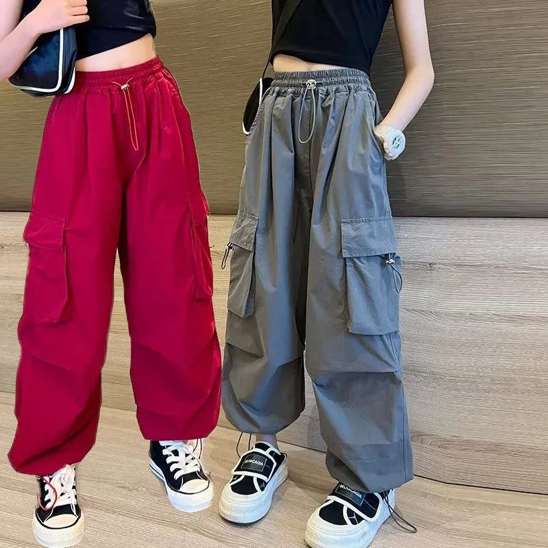 Girls' High Waist Straight Trousers Kids Fashion Hip Hop Joggers Cargo Pants Children Cool Spring Autumn Drawstring Sweatpants