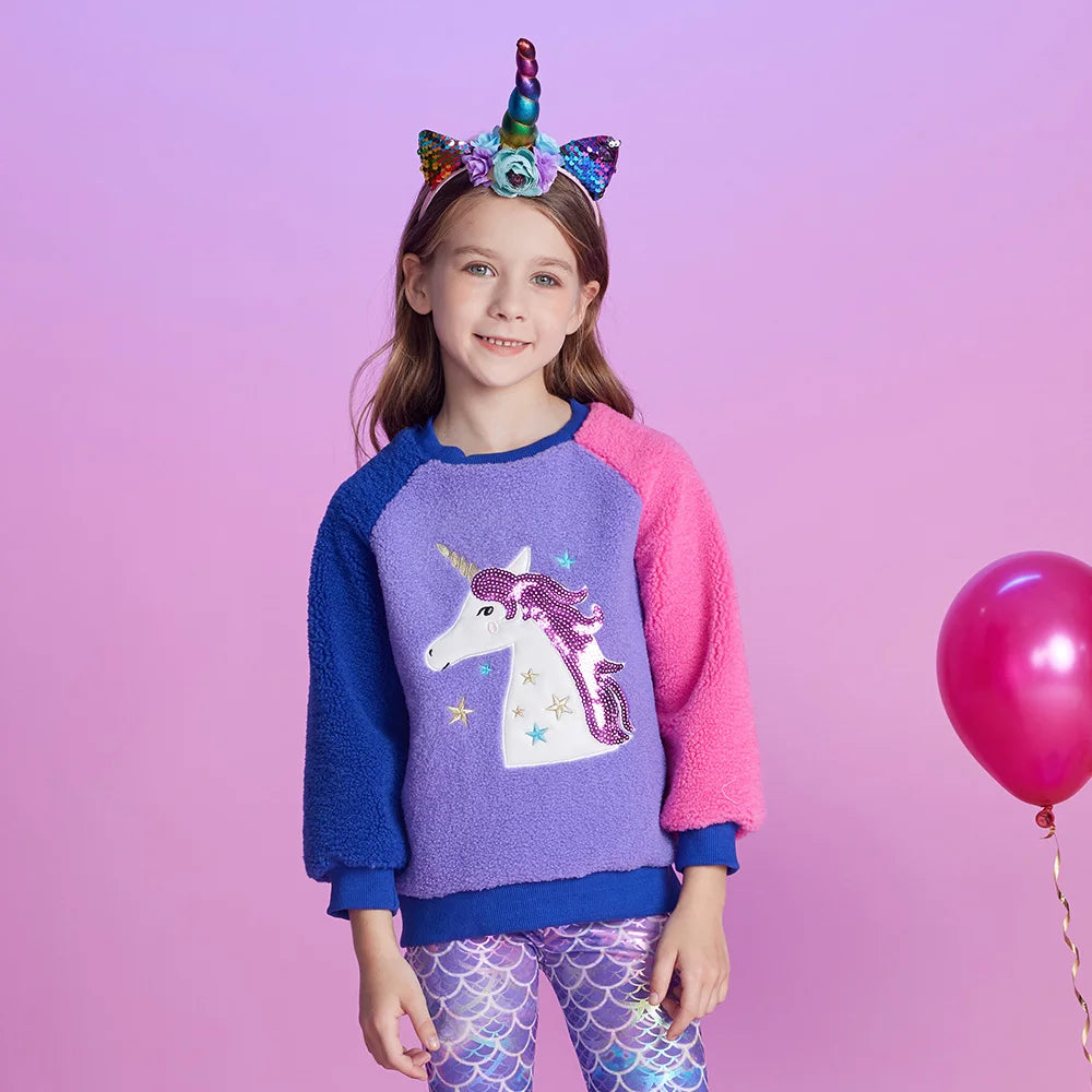 VIKITA Kids Fleece Thick Sweatshirt Girls Unicorn Sequined Cartoon Pullover Outerwear Kids Autumn Winter Warm Sports Sweatshirts