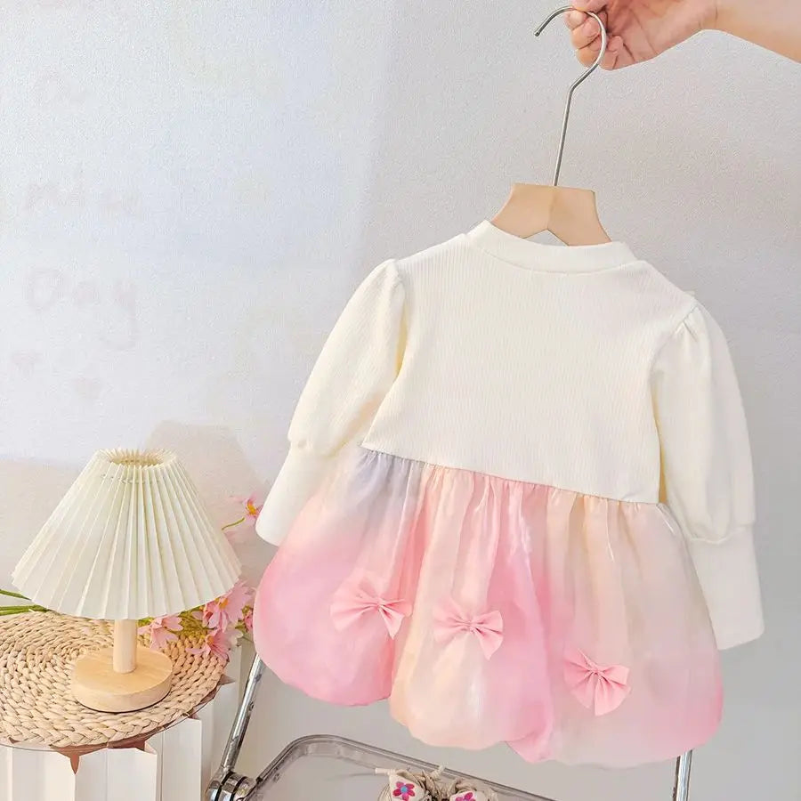 Spring And Autumn New Sweet Bow Baby Girl Dress, Colorful Gradient Skirt, Children'S Long Sleeve Clothes (9 Months -3 Years Old)