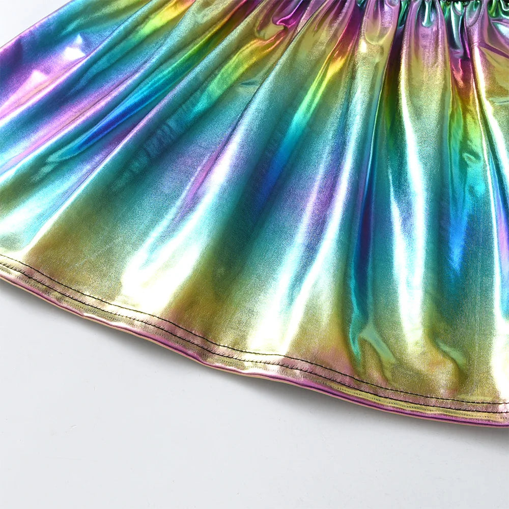 VIKITA Girls Unicorn Cartoon Dress Kids Short Sleeve Summer Dresses Girls Casual Shiny Patchwork Infantil Vestidos Kids Clothes