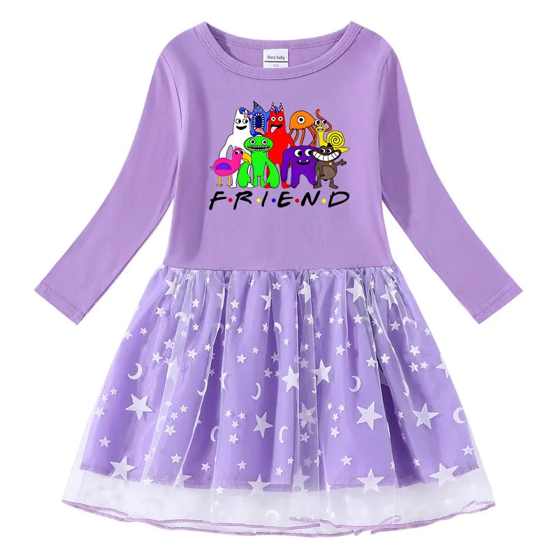 Kid Autumn Girl Long Sleeve Dress Cartoon Garden of Ban ban Gauze Fashion Children 2-7Year Girl Dress