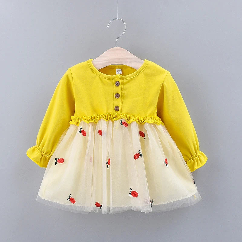 Spring And Autumn New Baby Girl Princess Dress, Pineapple Embroidered Children'S Long Sleeve Clothes (1-3 Years Old)