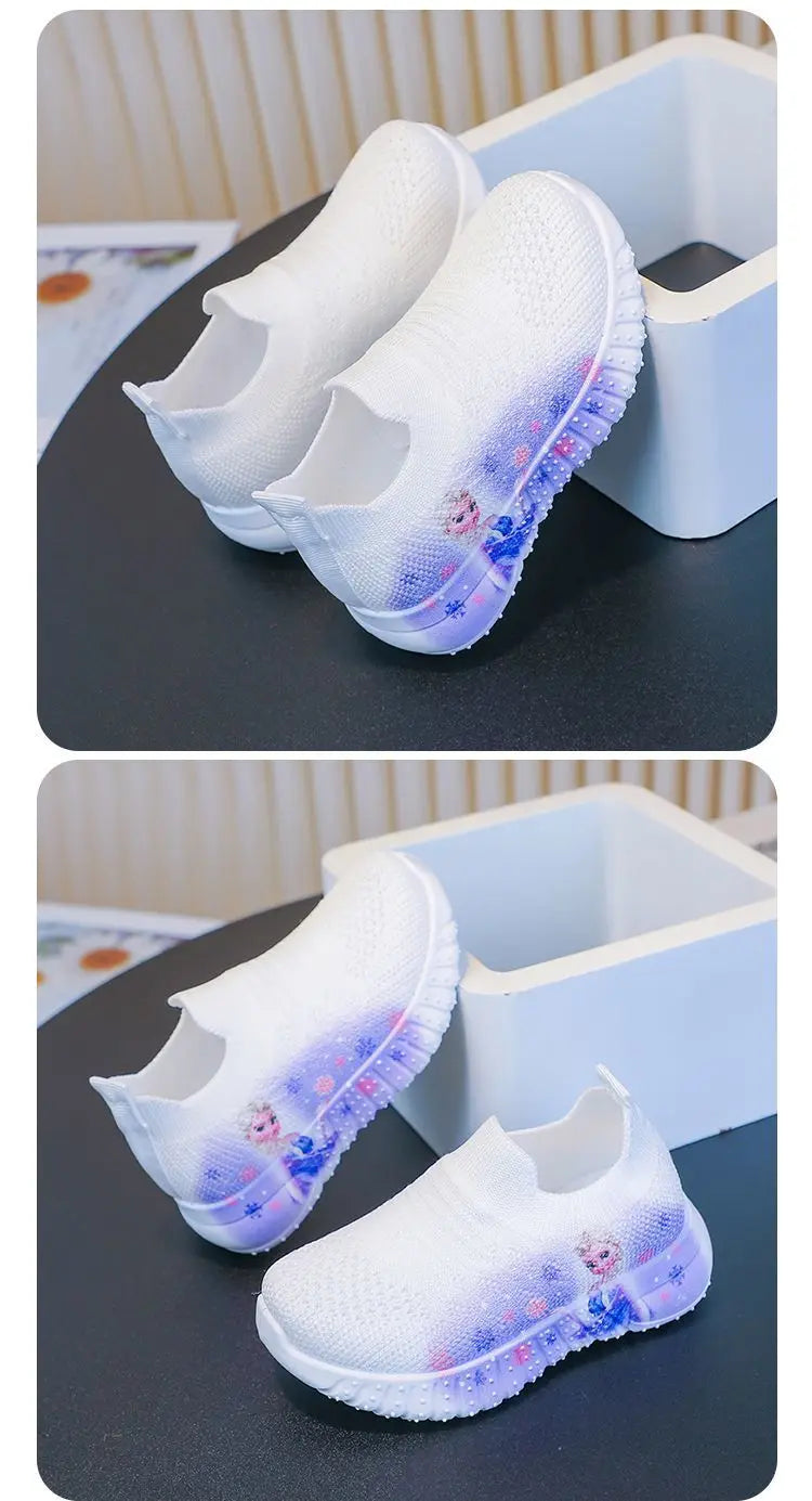 Disney Solid White Fashion Knitting Frozen Princess Elsa Children Casual Shoes Kids' Light Breathable Stretch Socks Sneakers Siz