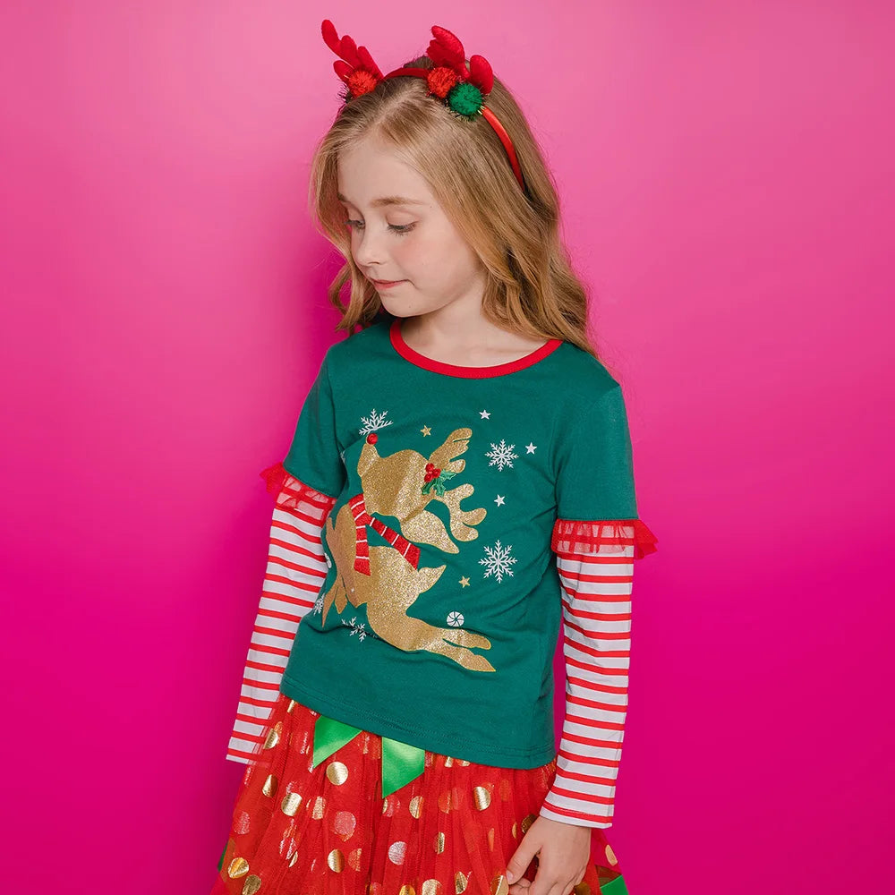 Girls Christmas Green Tops with Ruffle Sleeves Kids Reindeer Snowflake Print Soft Cotton Holiday Party Xmas Festival Tees Gift