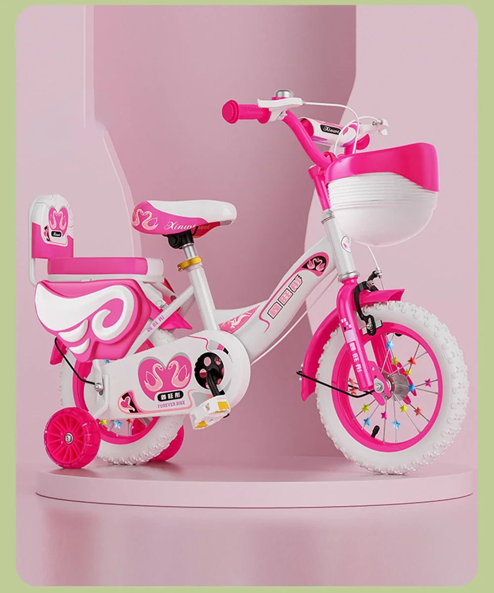 Folding Children's Bicycle Cute Cartoon Princess Girls Bike with Training Wheels Doll Seat & Basket Kids Boys Cycle Bikes (Pink)