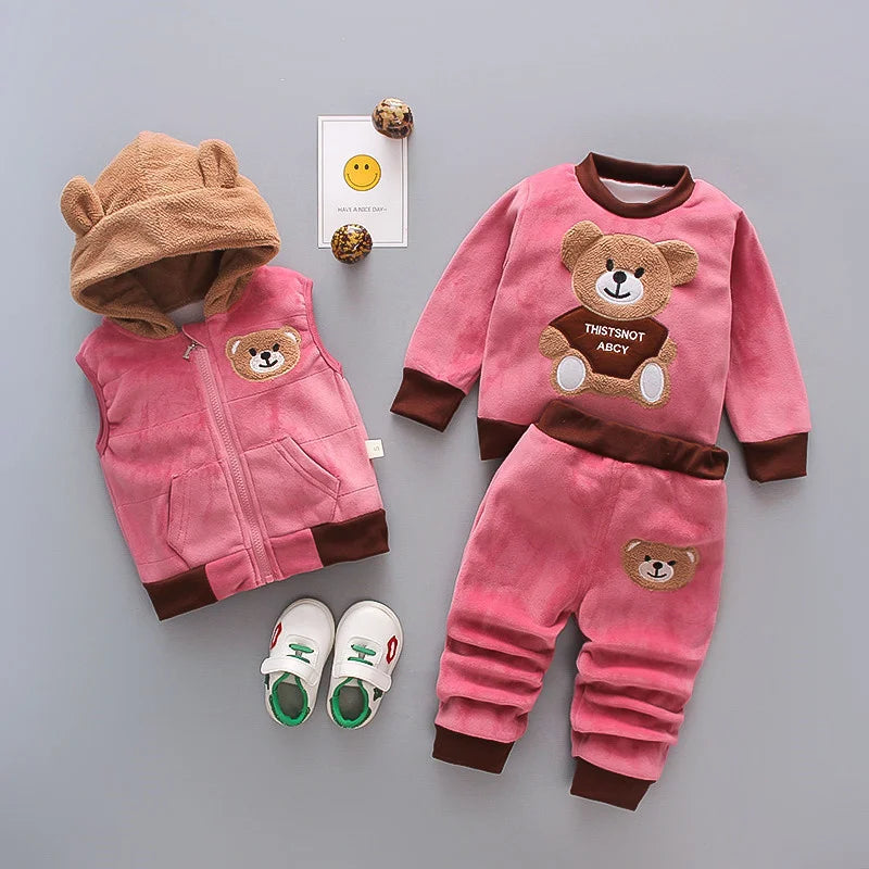 New Winter Baby Girls Clothes Suit Children Boys Thicken Warm Hooded Vest T-Shirt Pants 3Pcs/Set Toddler Costume Kids Tracksuits