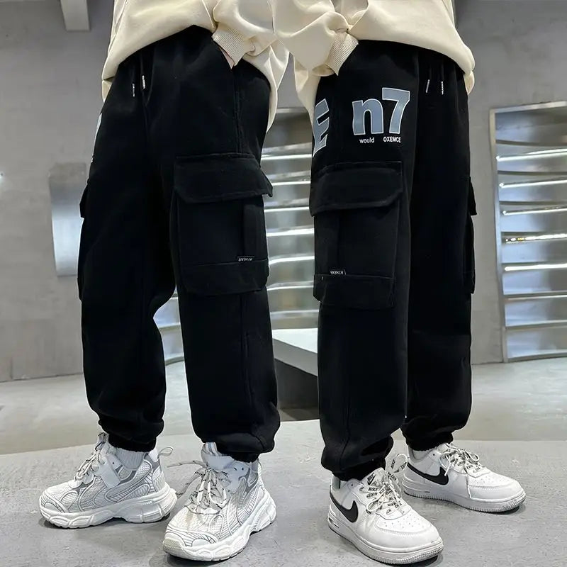 Boys Cargo Pants Spring Autumn Fleece-Lined Kids Casual Loose Long Pants Stylish Warmth Outdoor Playwear