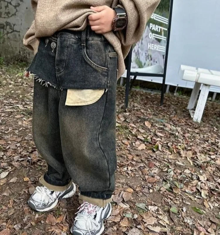 Boys' Autumn Winter Thermal Fleece-Lined Korean-style Patchwork Jeans - Thickened One-Piece Long Pants Spring Autumn New