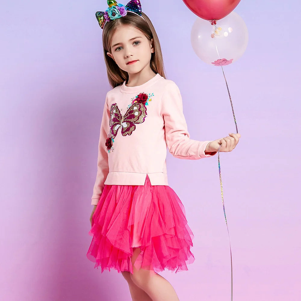 VIKITA Kids Hoodies Dress Girls Patchwork Pink Dresses Girls Sequined Butterfly Appliqued Mesh Tulle Princess Thick Tutu Dress