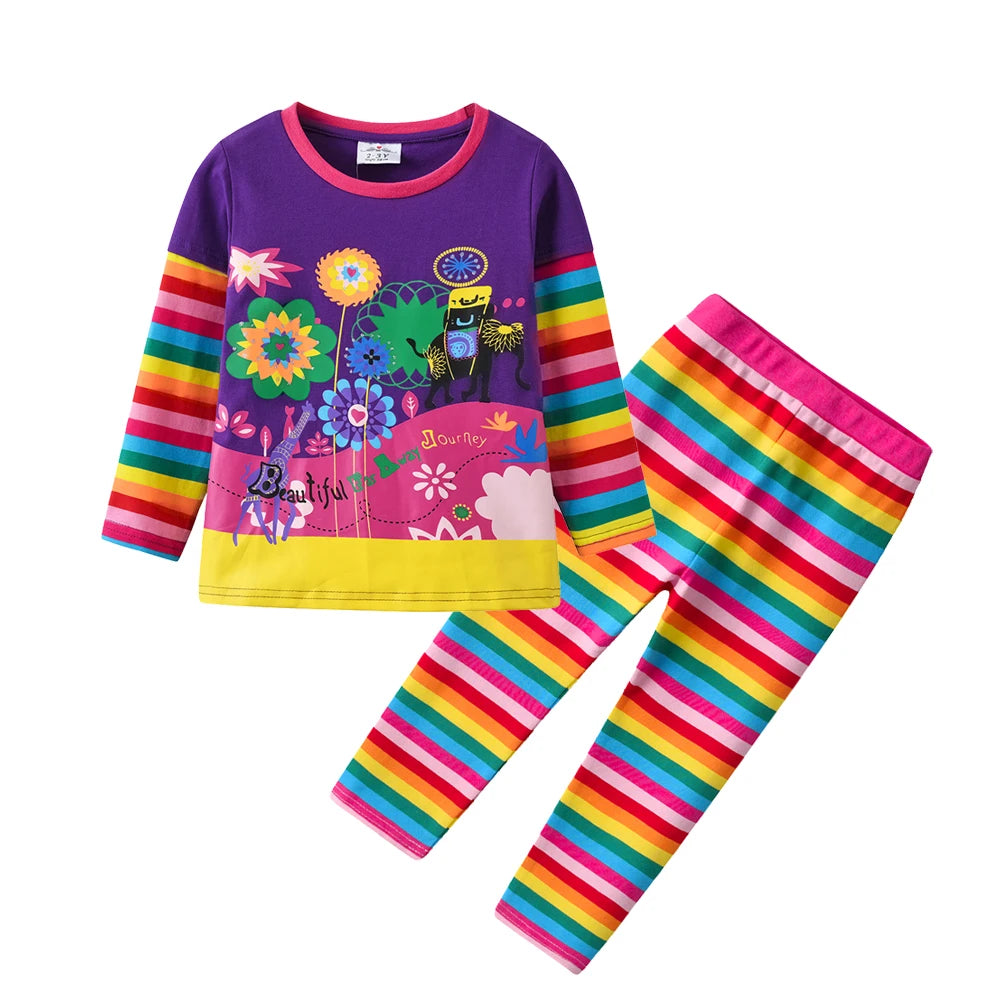 VIKITA Girls Clothing Sets Kids Floral Print Long Sleeve Cotton Rainbow Striped T Shirt and Leggings 2 Pcs Home Wear Clothes Set