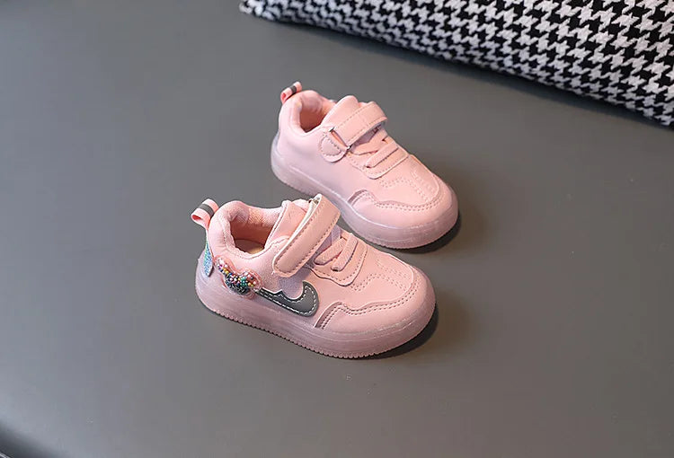 Kids'Casual Shoes Children Led Light Cartoon PU Leather Spring Anti-slip Soft Bottom Sneakers Black Pink Size 21-30