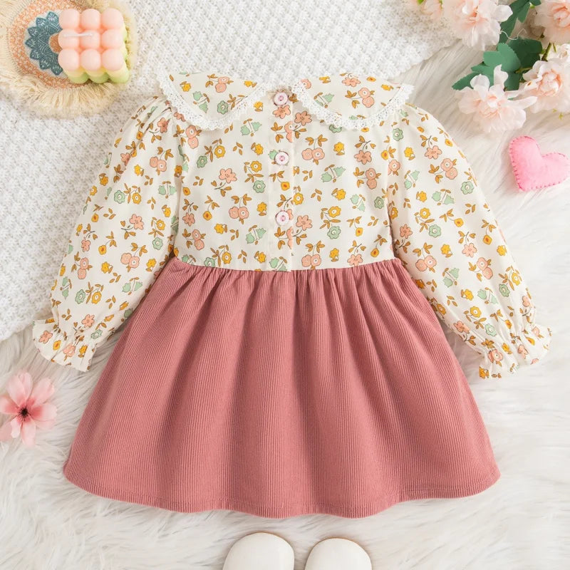 Spring And Autumn New Floral Long Sleeve Baby Girl Dress, Sweet Bow Fake Two Children'S Clothes (9 Months -3 Years Old)
