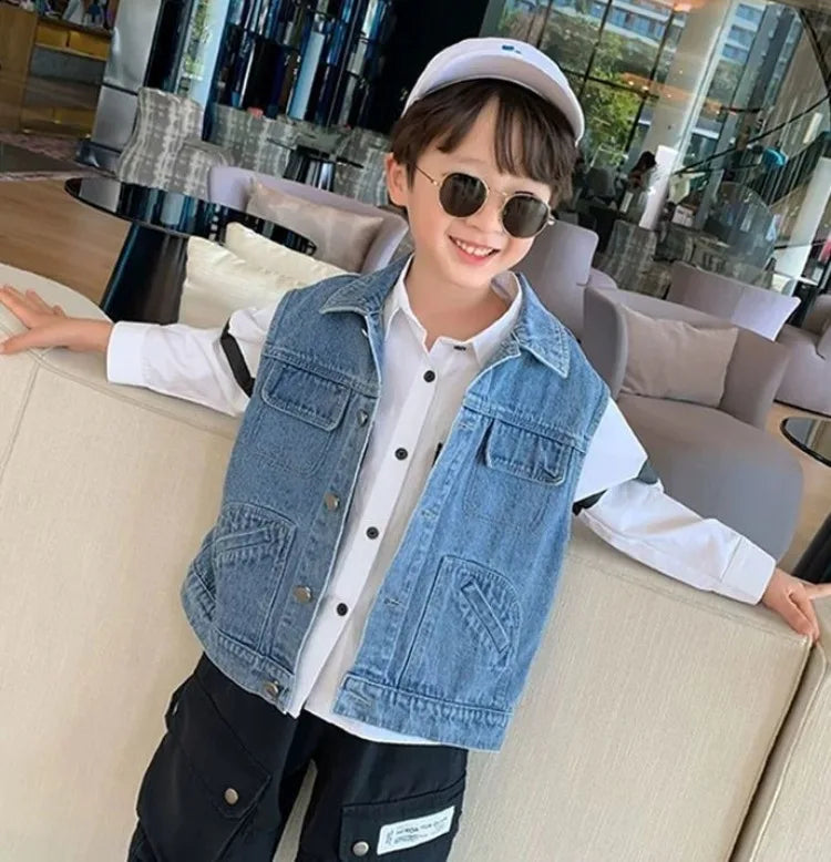 Kids Boys' Korean Style Denim Vest Jacket Spring Autumn Outerwear Versatile Stylish Kids' Clothing