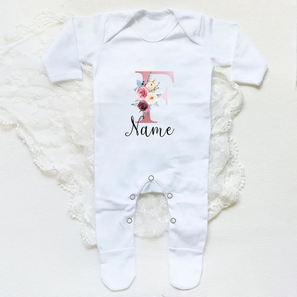 Personalised Babygrow Sleepsuit Flower Initial Infant Romper Baby Coming Home Outfit Newbron Shower Gift Baby Girls Sleepsuit