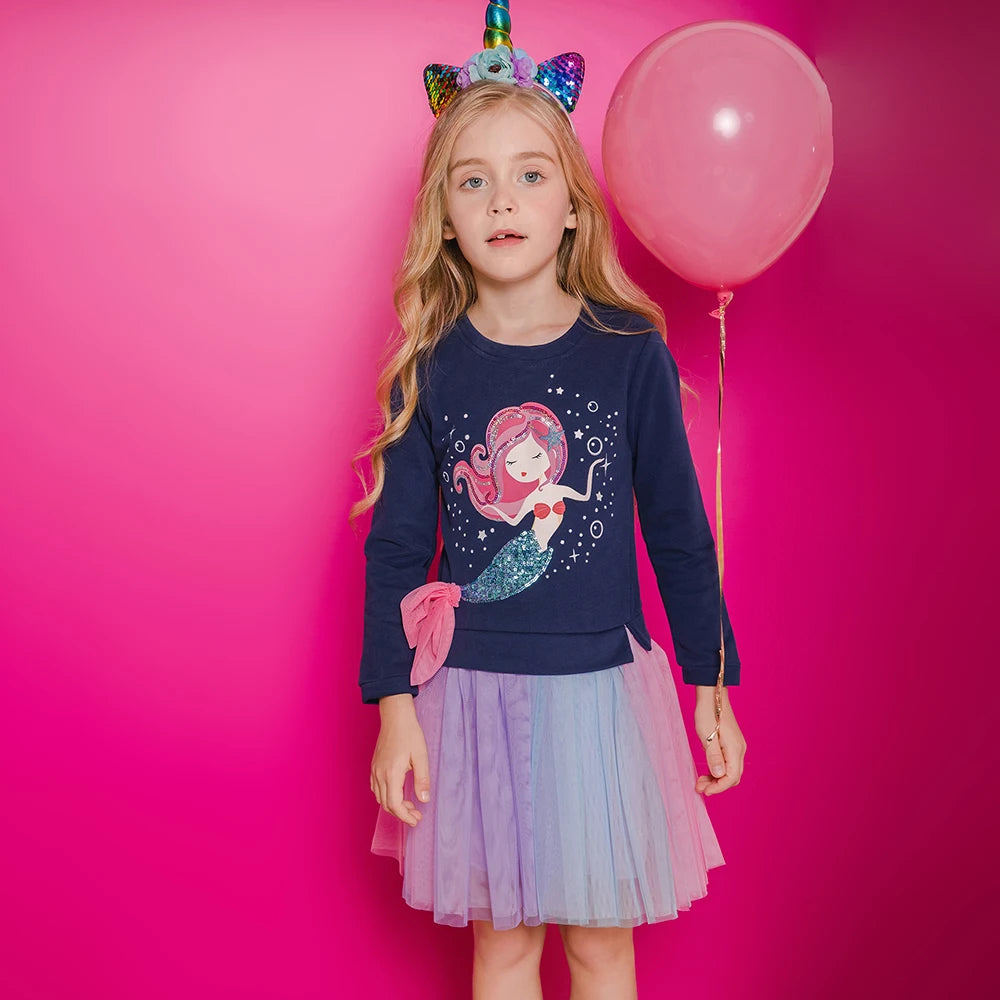 VIKITA Girls Sweater Dress Children Cotton Casual Patchwork Dress Kids Mermaid Appliqued Princess Cartoon Party Fashion Dresses
