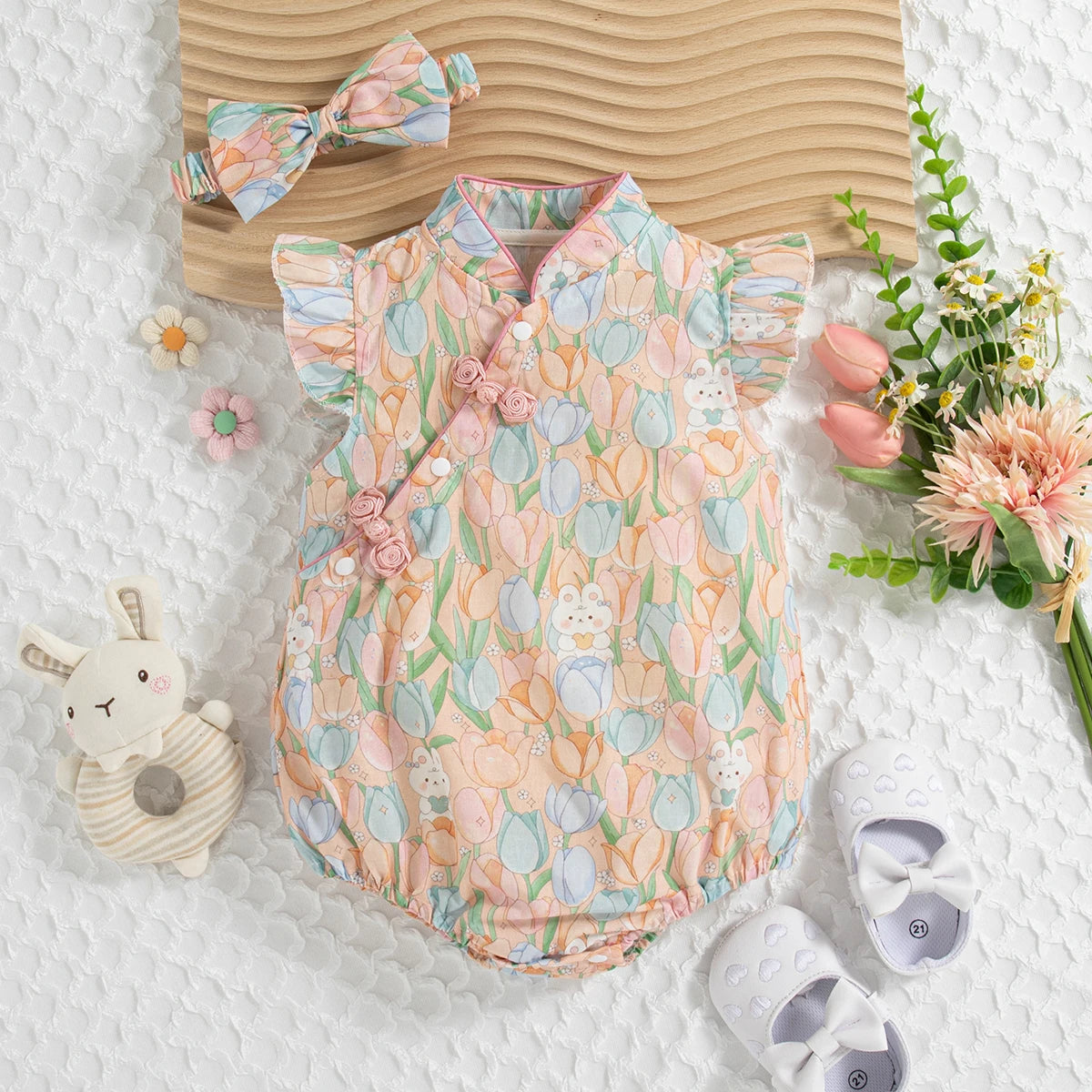 Summer New Cute Bunny Baby Girl Jumpsuit, Sweet Flower Children'S Clothes With Free Bow Headband For Babies Aged 3-18 Months