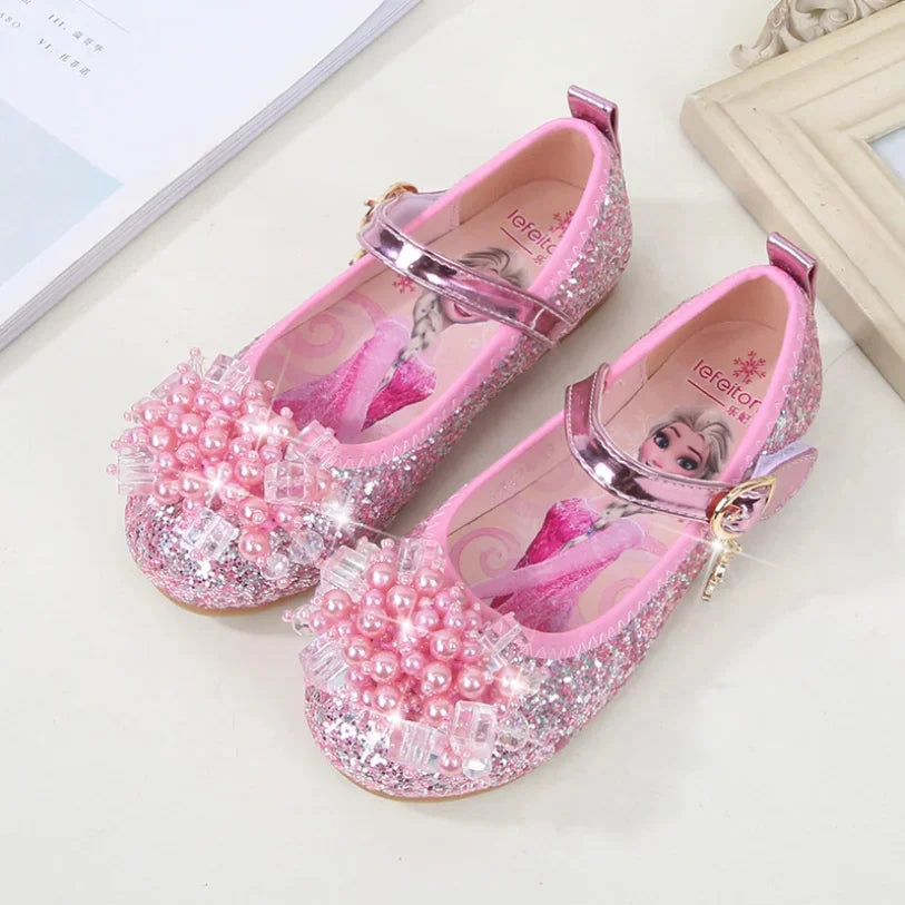 Disney Girls Princess Shoes Soft Sole Little Girl Frozen Children Crystal Casual Shoes Flat Leather Show Dance Shoes Size 22-36