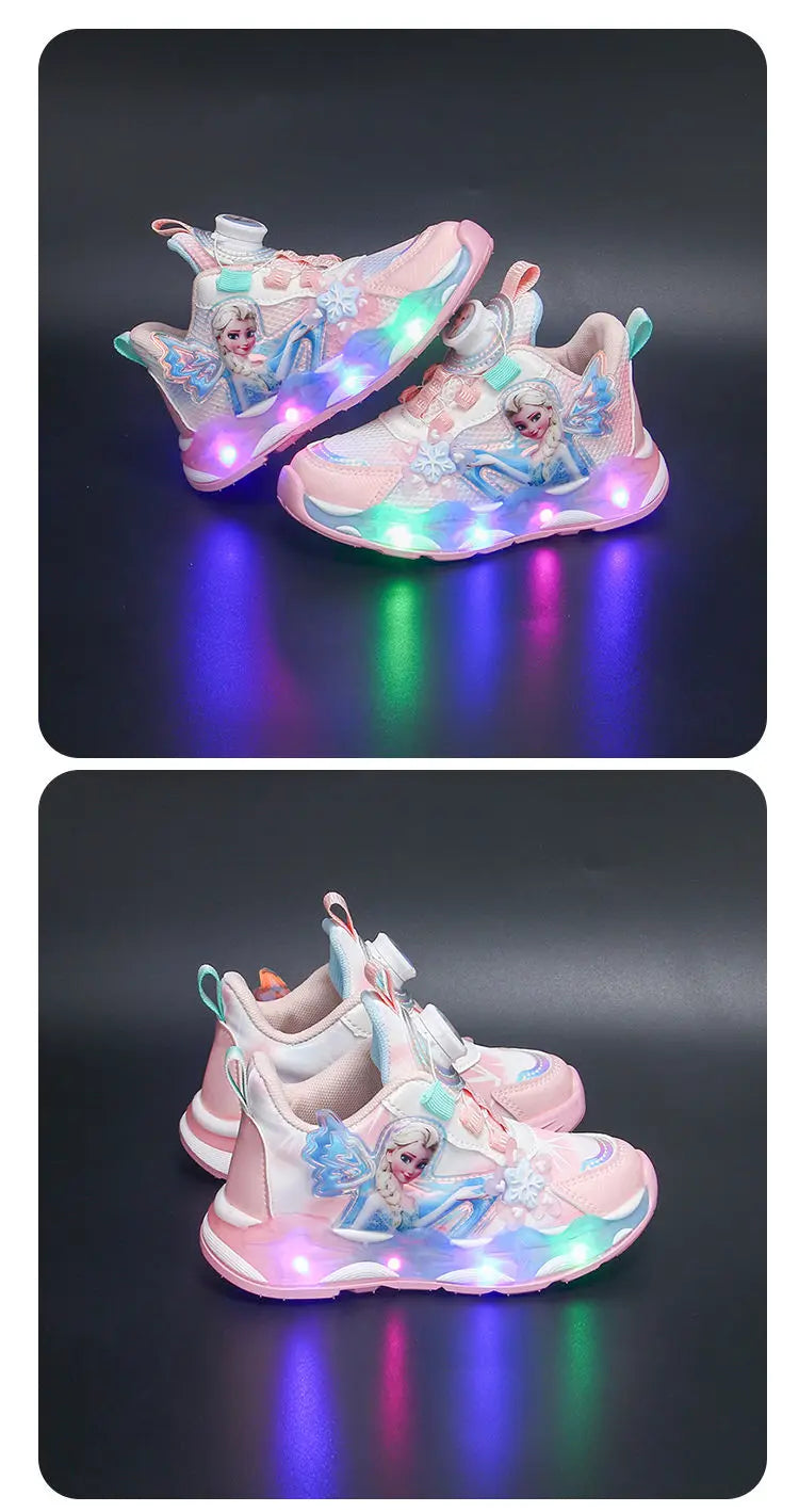 Disney LED Casual Sneakers Spring Girls Frozen Elsa Princess PU Leather Shoes Children Lighted Non-slip Pink Size 23-35