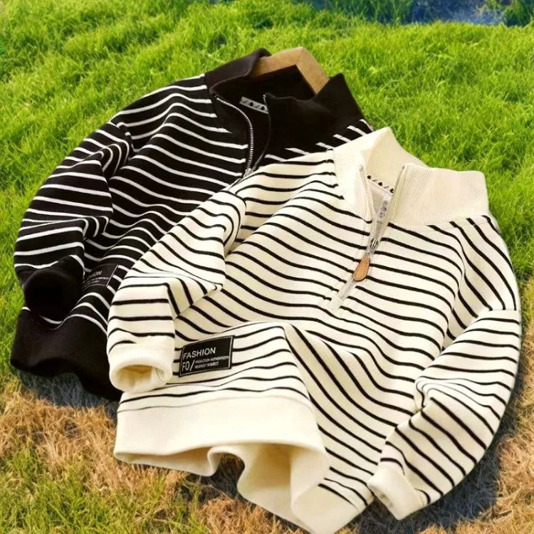 2025 New Boys' Medium-Large Lightweight Autumn Polo-Style Sweatshirt - Striped Half-Zip with Stand Collar & Lapel Top